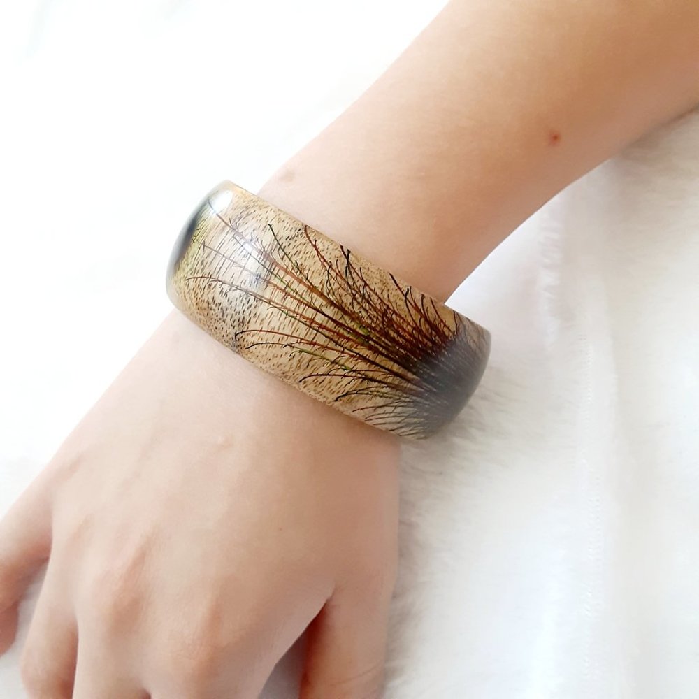 Brown Wooden Feather Design Wide Bracelet. 8" Boho Bangle Jewelry